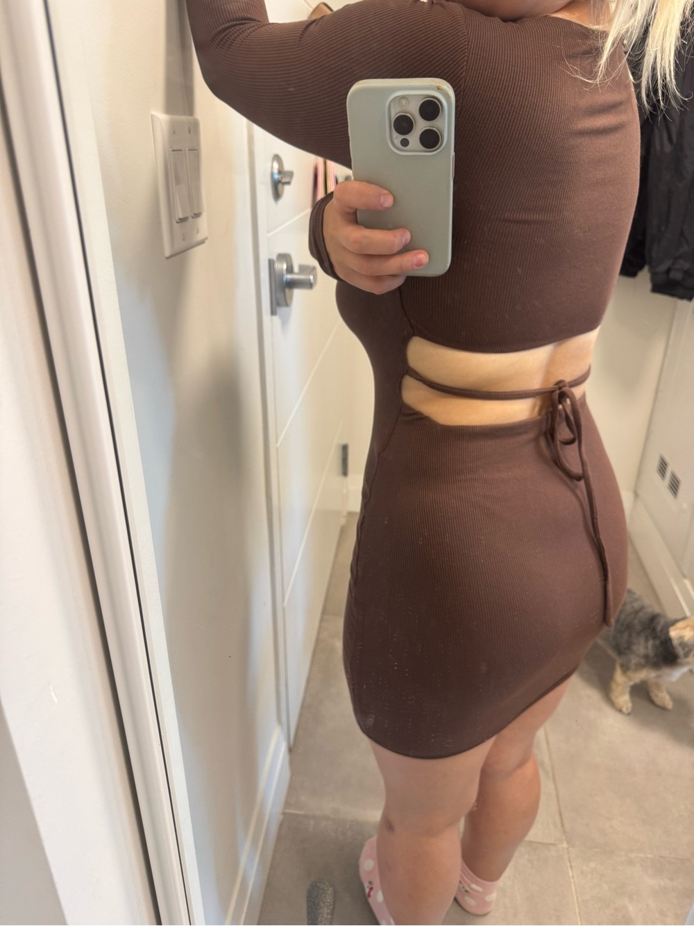 Princess Polly Brown Ribbed Square Neck Long Sleeve Bodycon Mini Dress - Picture 2 of 5